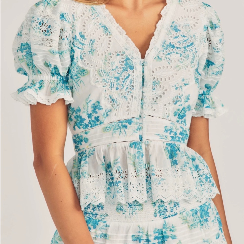 LoveShackFancy Annalee Top. NWT. Women’s size S.  Blue floral pattern.